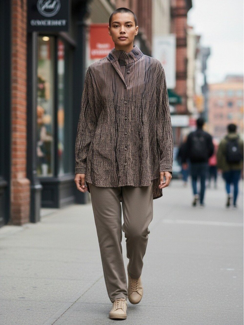 Foxcroft Brown and Navy Lightweight Striped Button-Front Shirt Jacket
